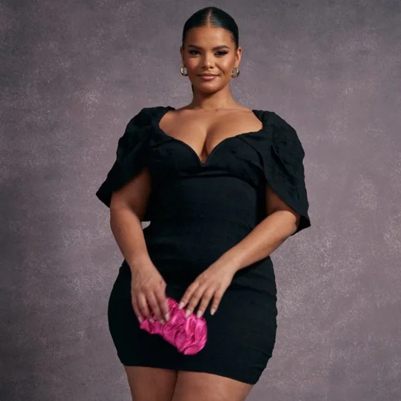 PrettyLittleThing NWT Black PuffSleeve Textured V-Bar Bodycon Mini Dress Size 18 - Picture 4 of 12